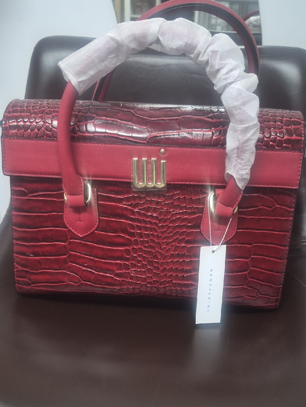 Red Croc-Embossed Structured Satchel Handbag - Unbranded